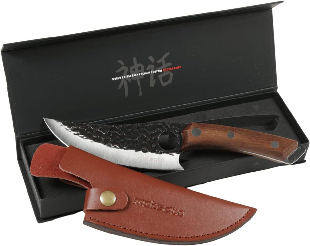 Matsato Japan kitchen knife with oak wood handle and sharp forged blade, perfect for precision cutting in the kitchen.