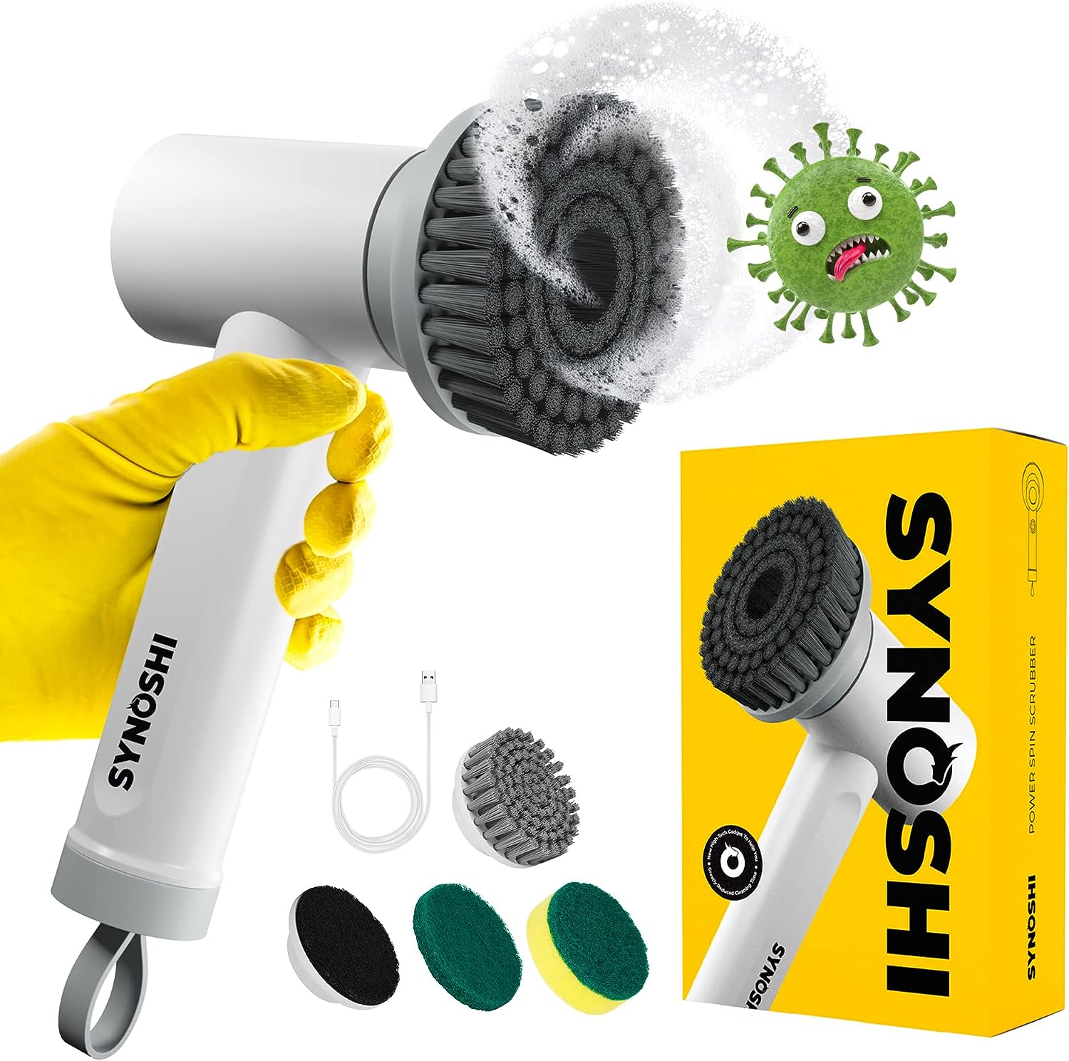 Synoshi Spin Power Scrubber cleaning tough grime from kitchen surfaces, showcasing its versatility and ease of use for effortless home cleaning.