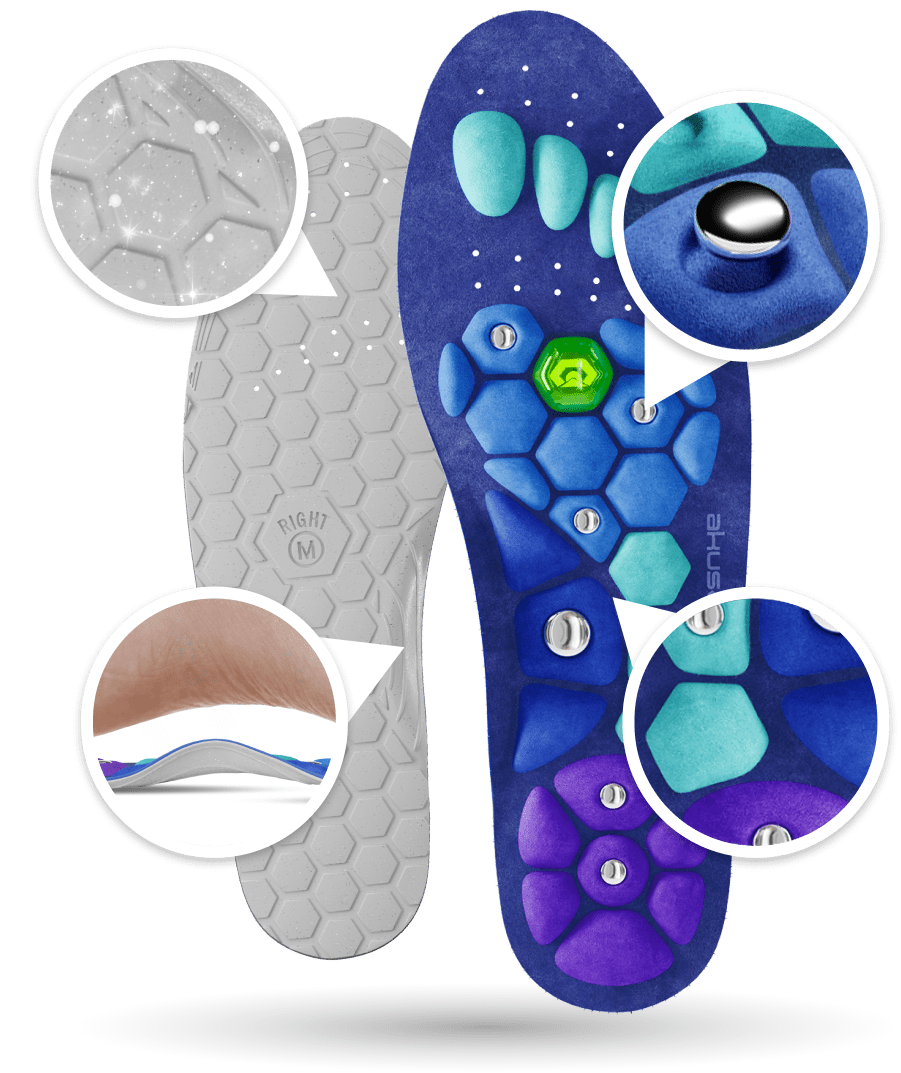 Akusoli magnetic shoe insole designed for foot pain relief, featuring acupressure and magnet therapy for improved posture and blood circulation.